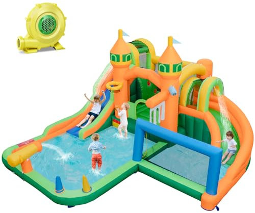 GYMAX Kids Bouncy Castle, 9 in 1 Inflatable Water Park with 2 Slides, 2 Splash Pools, Basketball Hoop, Climbing Wall, Football Gate & Ring Toss, Bounce House for 3 Years Old+ (with 680W Blower)