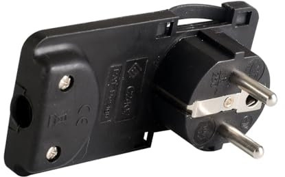 Fiche Schuko plate peu encombrante 16 A 250 V, sortie câble à 90 degrés, design ultra plat et compact pour espaces étroits, dimensions 95 x 48 mm (Noir)