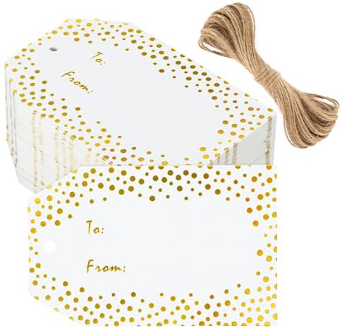G2PLUS “To From”Geschenkanhänger, Papieranhänger mit Folien Goldpunkte, Gold Geschenk Anhänger mit Schnur, 50 Stück Papier Etiketten für Geschenkverpackung, Geburtstag, Weihnachten