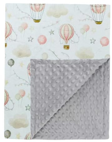 Ahoiikids Babydecke mit Name und Geburtsdatum Bestick Minky Dot personalisiert Kuscheldecke (Grey - AirBalloon)