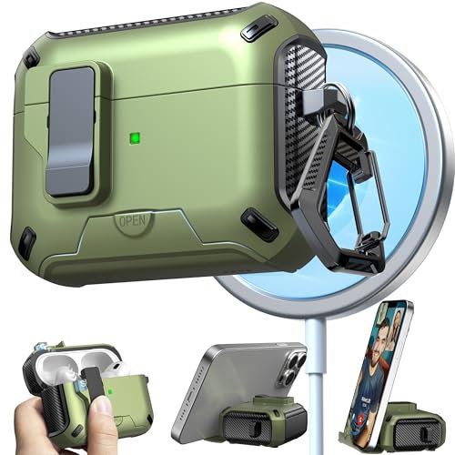 RFUNGUANGO Compatibile con custodia AirPods Pro 2, Compatibile con ricarica MagSafe, pop-up automatico con clip di blocco di sicurezza (2023/2022/2019),Custodia verde oliva Black-Switch