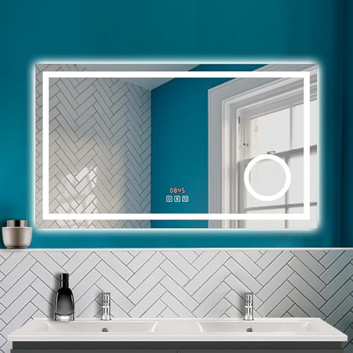 HAPAOSO Miroir de Salle de Bain avec éclairage, Miroir LED avec Bluetooth, 3X loupe,Horloge,3 Couleurs+dimmable,Anti-buée, Miroir Mural, 120x70 cm