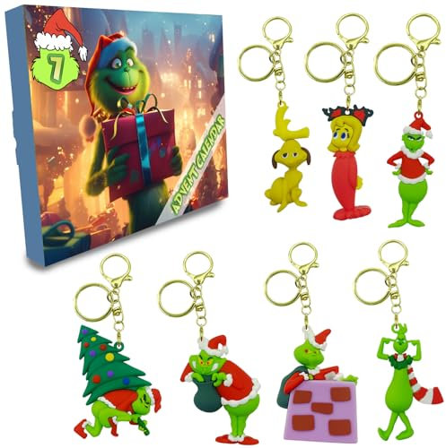 VAWcornic Calendario de Adviento de Navidad con llavero de silicona 3D de Grinch, calendario de cuenta regresiva de Navidad de 7 días, adornos para árbol de Navidad, regalo divertido de Navidad