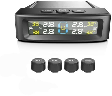 MIOLOE TPMS Reifendrucküberwachungssystem, Solar-Reifendrucksensor mit 4 externen Sensoren & LCD-Display, 0-73PSI drahtloses Auto-Reifendruckmessgerät Echtzeit-Alarmsystem (Schwarz)