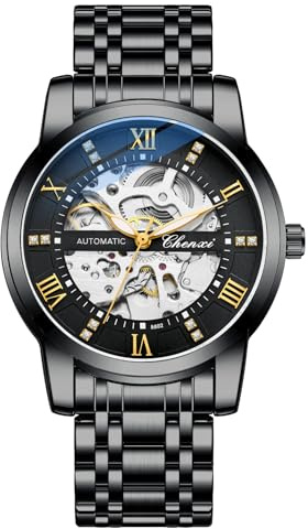Verhux Herren-Armbanduhr, automatisch, Skelett-Uhren, selbstaufziehend, mechanisch, schwarz, zweifarbig, Edelstahl, wasserdicht, 8802 alle schwarzen Uhren für Herren, Modern