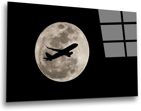 INDIGOS UG Luxus Glasbild - Mond Flugzeug - 80x50 cm - ESG Echtglas bedruckt - Glasdruck - Wohnzimmer, Küche, Schlafzimmer, Badezimmer - Geschenk - Deko, Wandbild