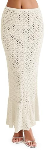 Saodimallsu Womens Crochet Cover Up Skirt High Waisted Sheer Knit Summer Swimsuit Coverup Beach Fishtail Maxi Skirts Beige