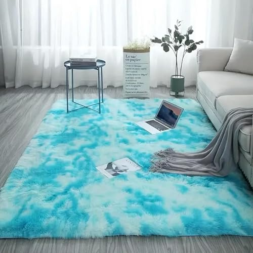 AIMECO Hellblau Batik Hochflor Teppich 160X250cm | Flauschig Anti-Rutsch & Waschbar Weicher Teppich, Skandinavischer Stil, Ideal für Wohnzimmer & Kinderzimmer