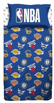 hermet NBA Bettwäsche für Einzelbett, Bettlaken, Kissenbezug, 100% Baumwolle, Bulls, Lakers, Warriors, Nets, offizielles Produkt