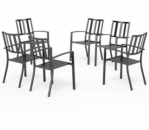 PHI VILLA Gartenstühle 6er Set Wetterfest Terrassenstühle Metall Balkonstuhl Stapelstühle mit Armlehnen für Garten und Außenbereich, Schwarz