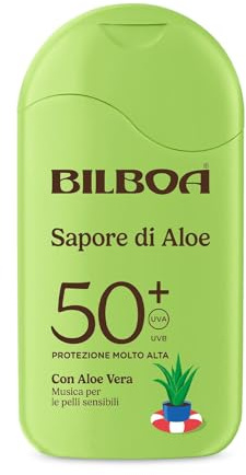 Bilboa, Sapore di Aloe, Latte Solare SPF 50+, con Profumo di Aloe Vera, Ideale per Pelli Sensibili, Texture Fresca e Leggera, Resistente all’Acqua, 200 ml