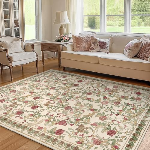 TOPICK Floral Area Rug 120x180cm Washable Vintage Soft Non-Slip Distressed Red Green Carpet Low Pile Accent Large Rug for Living Room Kitchen Bedroom Dining Room Nursery