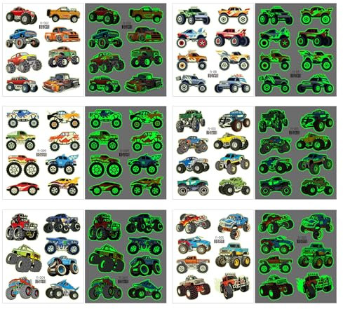 Qpout 12pcs Glow In The Dark Monster Truck Temporäre Tattoos für Kinder, Leuchtende Rennwagen Truck Räder Gefälschte Tattoo Aufkleber für Jungen Geburtstagsfeier Gastgeschenke Zubehör