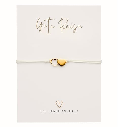 Briefzauber Geschenk Reise: Karte & Armband | Set aus Herz-Armband & Postkarte | schlicht & minimal Makramee-Stil | Glücksbringer für Reisende/Abschiedsgeschenk für Weltentdecker (Gute Reise - Gold)