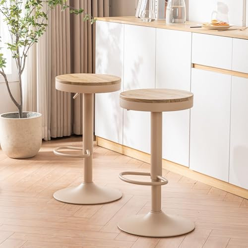 YOUNIKE Barhocker 2er Set Holz Barstuhl Höhenverstellbar Schwenkbar Tresenhocker Küchenhocker Höhe Barstühle mit Fußstütze für Bar Küche, Drehhocker aus Massivholz Metall, Kaki Rosa