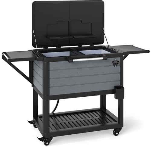 GYMAX 91L Carrito Nevera con Ruedas, Refrigerador de Patio con 2 Estantes de Almacenamiento y Abrelatas, Carrito de Bebidas Móvil Portátil para Barbacoa, Viajar, Camping
