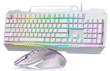 AULA Tastiera da gioco T102 con 104 tasti, tastiera e mouse, con cavo USB, meccanica, a grandezza naturale, retroilluminata RGB, per PC/laptop, gaming o lavoro/ufficio (bianco)