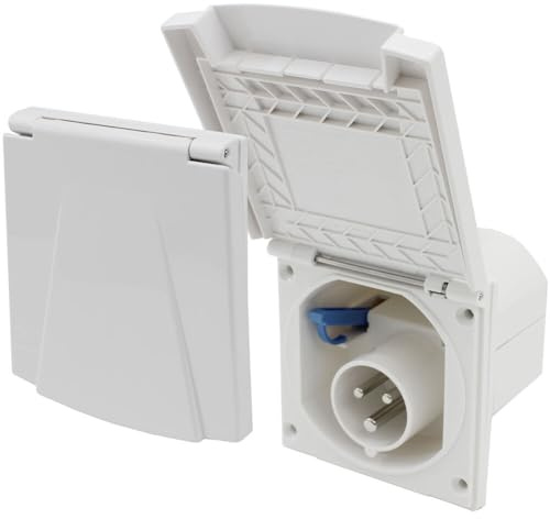 CR-MOESANCO® Enchufe para caravanas CEE - Enchufe de superficie para exteriores de 230 V / 16 A con tapa abatible - Enchufe de 3 polos para caravanas - Para uso en exteriores - IP44 - Blanco.