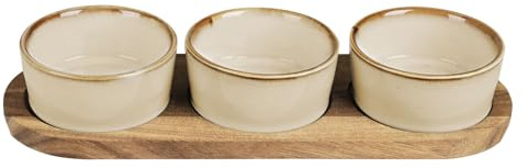 Murago - Tapas Snackplatte Rustico Cream 4tlg Set - Akazienholz Keramik Snack Schalen Teller Platte Brett Serviertablett Schälchen Servierrschale Dips Vorspeisen Oliven Süßigkeiten Nüsse
