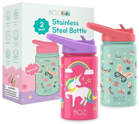 BOZ Kids Insulated Water Bottle 2-Pack, 14oz (414ml) (Unicorn/Butterfly) | Stainless Steel Vacuum Double Wall, Leak-Proof & BPA-Free, Ages 3+