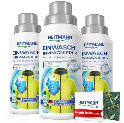 HEITMANN Einwaschimprägnierer 3 x 250 ml + GRATIS Duftbaum | Einwaschimprägnierung für Schuhe, Outdoor- & Sportkleidung | Imprägnier Waschmittel reaktiviert Membranen für langanhaltenden Wetterschutz