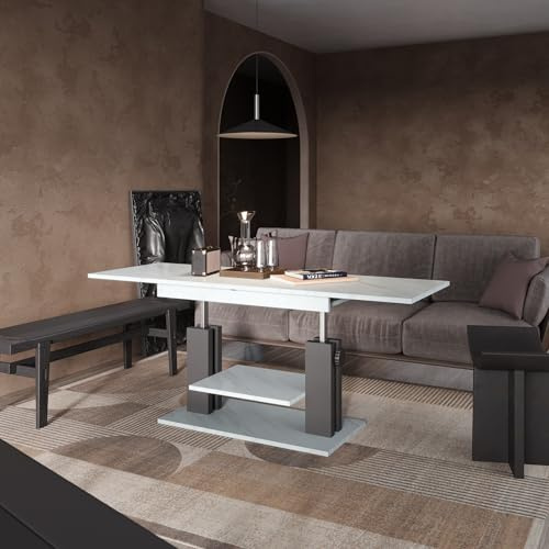 Furneo Moduvo Couchtisch mit Marmor-Effekt, ausziehbar bis zum Esstisch, 6 Sitzplätze, 120 cm – 170 cm, Weiß