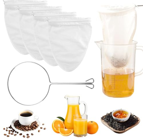 HJYIMYI 4 stycken muttermjölkspåse, för grönsaksdryck kaffe te vin | Matfilterpåse, med dragkedja, med 1 ring i rostfritt stål, återanvändbar, för nötmjölk sylt
