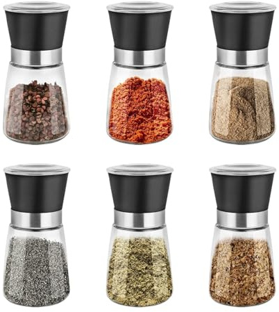 GREENSAPPIRE Gewürzmühle 6er Set 180ml Edelstahl Keramikmahlwerk Glas | Manuelle Salz Pfeffer Mühlen einstellbarer Mahlgrad Schutzkappen transparentes Design für Chili Gewürze Küche Einsatz