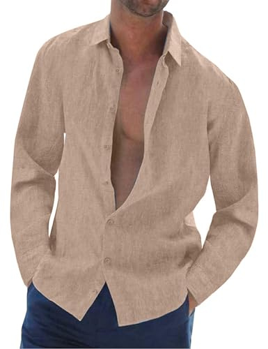 Aro Lora Chemise en Lin Homme Manches Longues Chemise Boutonnées Légères Été Chemise Coupe Régulière de Plage Casual Shirts