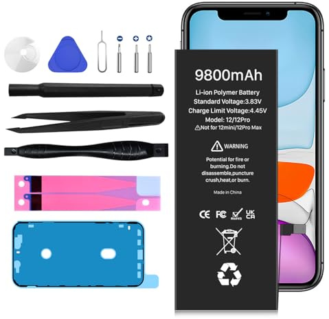 9800mAh Akku für iPhone 12/12Pro, 2026 New Upgrade Hochleistungs-Ersatzakku für iPhone 12/12Pro, Modelle A2172, A2402, A2403, A2404 mit Reparatur-Werkzeugsatz