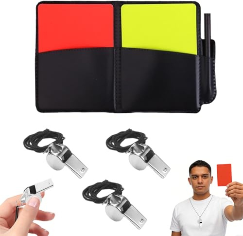 FMPXYYA Set Arbitro Completo 3 Pezzi con Sifflet Acciaio Inox, Cartellini Rosso e Giallo, Taccuino PU Impermeabile, Crayon, Kit per Calcio Basket Scuola Allenamento Sport