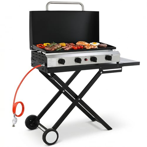 LIFERUN Barbecue à gaz à 4 brûleurs en acier inoxydable (9,6 kW) avec table de barbecue pliable, barbecue à gaz de table portable avec support de barbecue séparé, plancha à gaz avec couvercle et