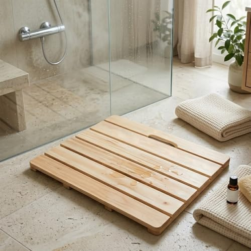 VOLDAX Pedana Doccia in Legno, Tappetino da Bagno Antiscivolo in Legno di Pino Naturale, per Sauna Spa Vasca Da Bagno Doccia(50x50cm/19.7x19.7in)