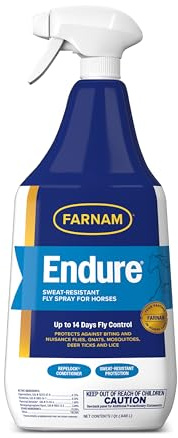 Farnam Endure Fly Spray for Horses - Long-Lasting Sweat-Resistant Fly Repellent, Repels Flies, Mosquitoes, Gnats and Ticks, Up to 14 Days Fly Control - 32 oz Spray