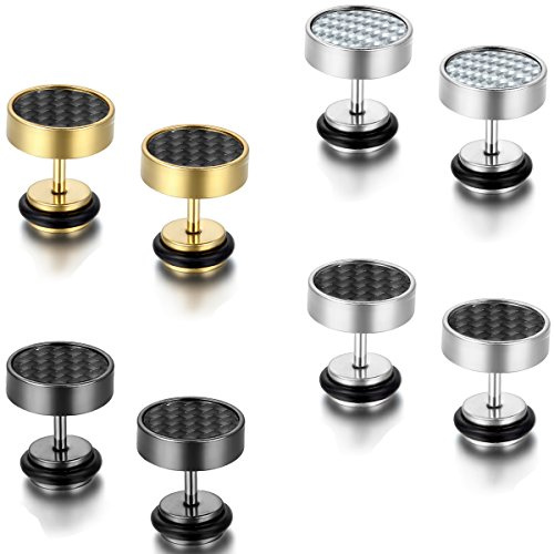 Flongo Männer Ohrstecker, 10mm Edelstahl Harz Gestüt Stecker Kohlenstoff Carbon Fiber Kohlefaser Ohrringe Ohrstecker Ohrhänger Schwarz Silber Gold Weiß Fake Plug Tunnel Ohrstecker Herren