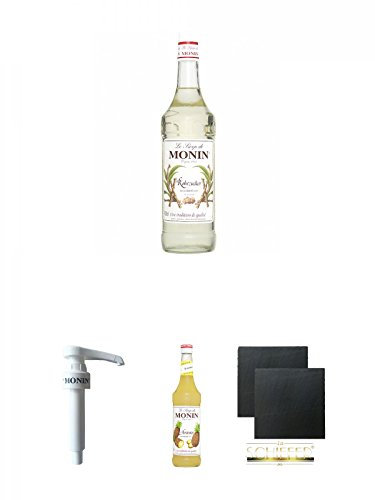 Monin Rohrzucker pur Sirup 0,7 Liter + Monin Dosier Pumpe für 0,7 & 1,0 Literflasche + Monin Ananas Sirup 0,7 Liter + Schiefer Glasuntersetzer eckig ca. 9,5 cm Ø 2 Stück