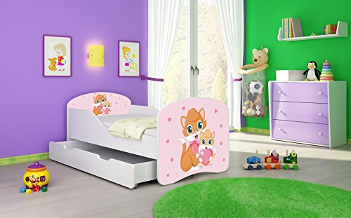 Kinderbett Jugendbett Komplett mit einer Schublade und Matratze Lattenrost Weiß ACMA I (160x80 cm + Bettkasten, 33 Miezekatzen)