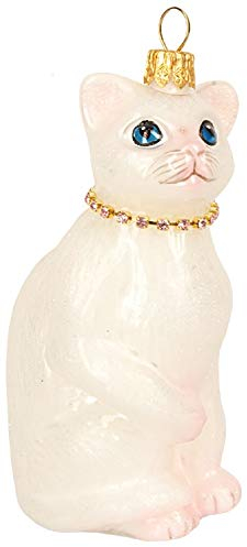 Impuls Christbaumschmuck Glas 10cm - Katze Figur zum Aufhängen - mundgeblasen & handbemalt - Weihnachtsbaum Anhänger für Weihnachten - Christbaumanhänger & Weihnachtsbaumschmuck - Weiß