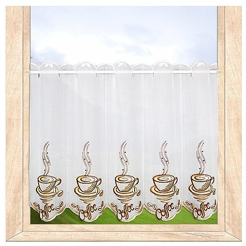Küchen-Scheibengardine Coffee | Bestickt Weiß-Beige-Braun | HxB 55x128 cm | Hochwertiger halbtransparenter Kurzstore mit Kaffee-Motiv | Vogtländische Spitzen-Stickerei | atelier alles-Spitze