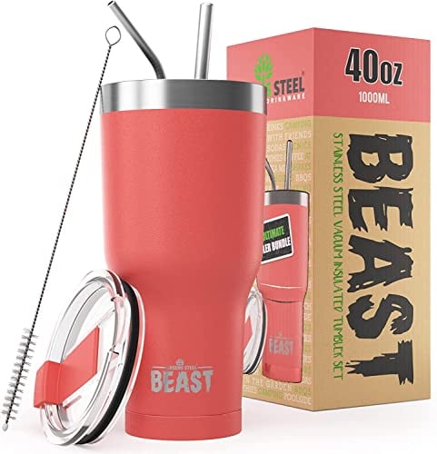 BEAST Mug Isotherme Cafe - 1050ml I Corail I Acier Inoxydable I Réutilisable, Tasses Isothermes I 2 Pailles et Brosse Nettoyage I Thermos Cafés de Voyage Double Paroi I Café Chaud ou Glacé