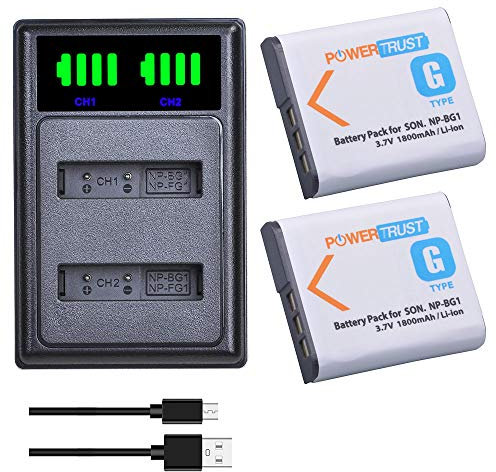 PowerTrust 2Pcs 1800mAh NP-BG1 NP-FG1 Battery + Charger with type-C port for Sony Cyber-shot DSC- W100, W120, W150, W220, T20 T100 T25, DSC-H3, H7, H9, H10, H20, DSC- H50, DSC-H55