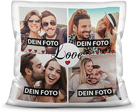 PR Print Royal Kissen mit Füllung - Fotocollage selbst gestalten mit Spruch - Love - mit Vier eigenen Fotos - Geschenkidee Fotokissen - Kissen Polyester - Weiß flauschig