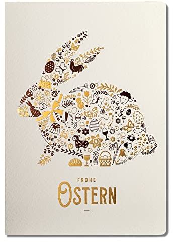 Art Nuvo EXKLUSIVE OSTERKARTEN –SATZ VON 10 MANUFAKTURKARTEN IN LEICHTEM BEIGE 120x170mm, VERGOLDETE UND GEPRÄGTE OSTERMOTIVE HERGESTELLT AUS AQUARELLSCHMUCKPAPIER, MIT BEIGEN EINLAGEN UND UMSCHLÄGEN, EE_101_DE
