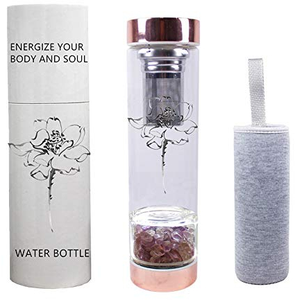 AITELEI Edelstein-Wasserflasche mit Kristallelixier und Teekanne, Tee-Sieb mit Kristallwasserflasche und abnehmbaren Rosenquarzkristallen für Chakra Wellness - 15 oz (Amethyst)