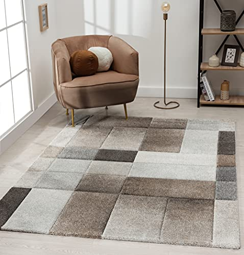 the carpet Monde Moderner Designer Wohnzimmer Teppich, Weicher Kurzflor, Hoch Tief Effekt, Konturenschnitt, Zeitloses Design, Meliert, Kariertes Muster, Grau-Braun, 80 x 150 cm