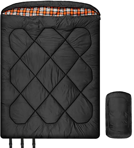 Winter 0 Degree Double Sleeping Bag, Double Wide Queen Size 2 Person Sleeping Bag With 100% Cotton Flannel Lining, Warm And Waterproof For Camping, Fishing or Hunting in Cold Weather (Black/Orange)