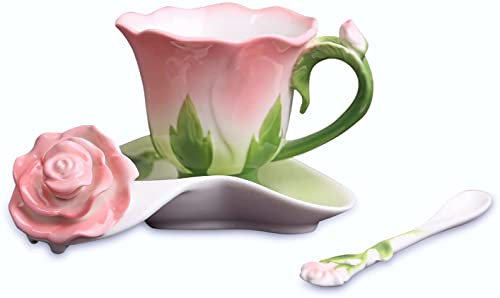 Blumen Teetasse, Rosentasse und Untertasse, Handgefertigtes Bone China Teeset mit Untertasse und Löffel, Vintage Teetasse & Untertasse Sets, Frauen Geschenk Porzellantasse China Teesets (Pink)