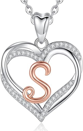 INFUSEU Collier Initial De Coeur Pour Femme, Pendentif Lettre S En Or Rose Bijoux En Zircone Cubique CZ Pour Les Cadeaux De Petite Amie De Maman, Chaîne De 20 Pouces