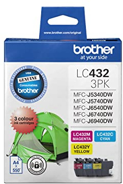 Brother Genuine LC432 Colour Ink Cartridge Value Pack, Three Pack, Includes 1 Cartridge Each of Cyan, Magenta & Yellow, Page Yield Up to 550 Pages, Standard Yield