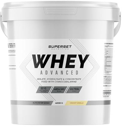 Superset Nutrition - 100% Whey Proteine Advanced (4kg) - 74% de protéines - Isolat + Concentrat + Hydrolysat, Digestion optimisée, Riche en BCAA et en glutamine - Vanille Crémeuse